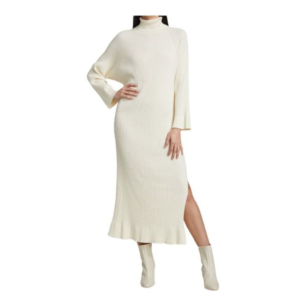 ANNA QUAN Rosaline Roll-Neck Cotton Knit Midi Dress Cream Size 8
